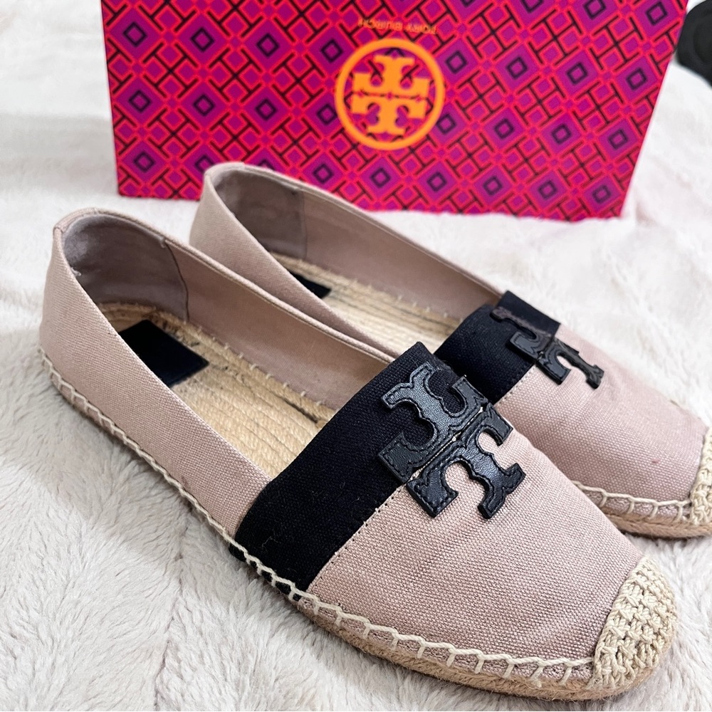 Tory Burch Blush Pink Canvas Espadrille Flats with Black Logo Band